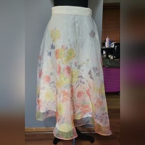 Rachel Zoe White A-Line Skirt with Yellow, Peach, Lavender Floral Print